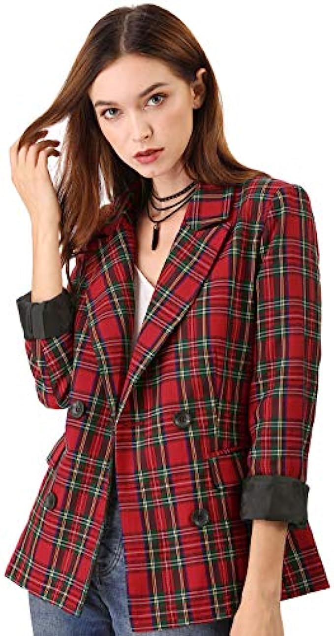 Allegra K Women&#039;s Notched Lapel Double Breasted Plaid Work Formal Blazer Jacket
