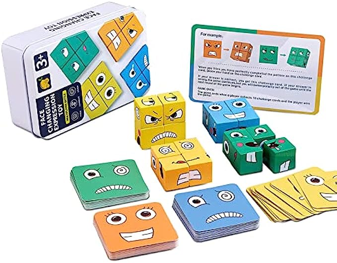 Wooden Face Changing Cube Game, Mini Expressions Matching Block Puzzles Building Cubes Portable Logical Educational Training Toys for Family Kids Adults (A)