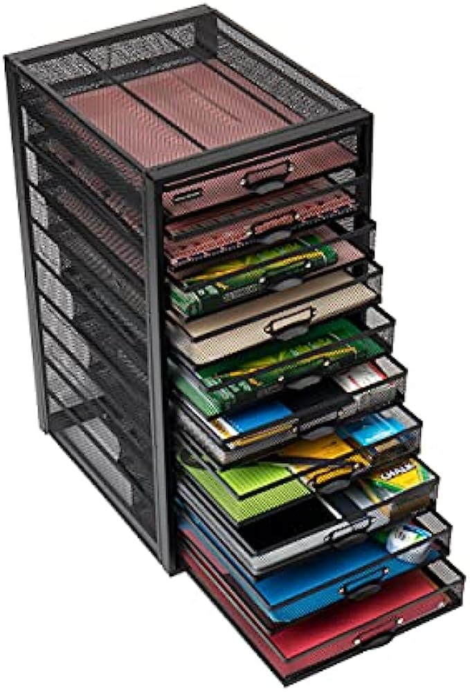 Mind Reader Mesh Desk Organizer, Office Supply Storage, Vertical Jewelry Box with Drawers, 10 Compartments, Reinforced Wire, Black
