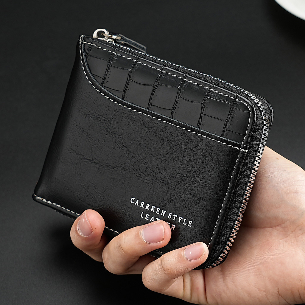 1 Retro Stitching Stone Pattern Zipper Short Wallet Youth Fashion Multifunctional Wallet Bi-Fold Credit Card Coin Purse Men's Gift